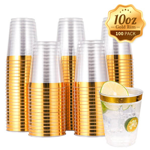 10 oz 100 pack Clear Plastic Cups Tumblers with Gold Rim
