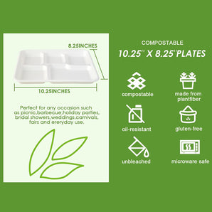 10*8 in 120pack Compostable Bagasse 5 Compartment Paper Plate