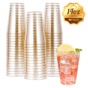 14 oz 50 pack Disposable Gold Glitter Plastic Cups
