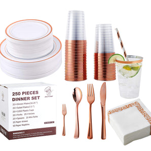 (Wholesale) Rose Gold Plastic Dinnerware Party of 25