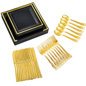 (Wholesale) Square Black Gold Plastic Dinnerware Set