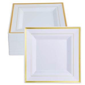 (Wholesale) Square White Plastic Plates with Elegant Gold Rim