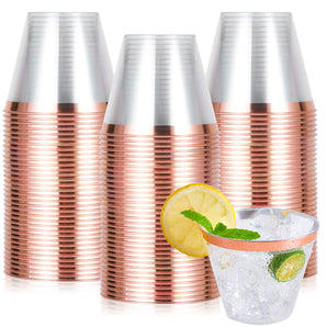 (Wholesale)  9 oz Clear Plastic Cups with Rose Gold Rim