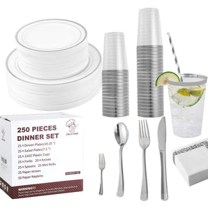 (Wholesale) Silver Plastic Tableware Set Party of 25