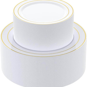 (Wholesale) Plastic Plates Set White Plate with Gold Rim