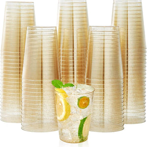 10 oz 200 Pack Disposable Gold Glitter Plastic Cups Tumblers