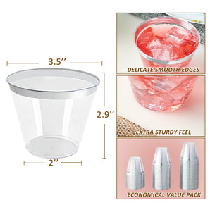 (Wholesale)  9 oz Clear Plastic Cups Tumblers with Silver Rim