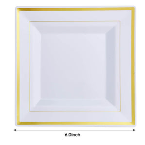 (Wholesale) Square White Plastic Plates with Elegant Gold Rim