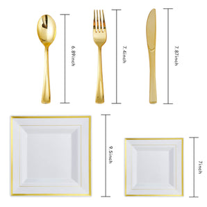 (Wholesale) Square Gold Plastic Plates Dinnerware Set