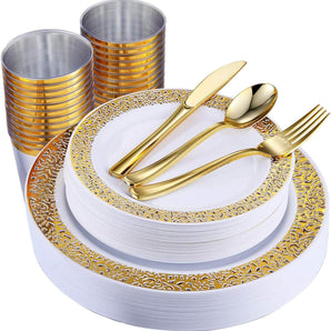 150 pack Disposable Gold Dinnerware Set