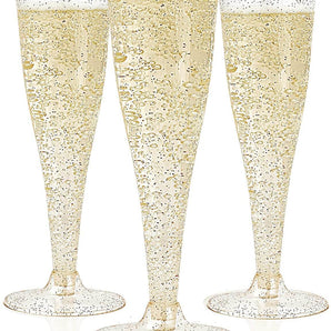 Paquet de 36 verres à champagne en plastique à paillettes dorées pour fête