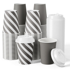12 oz 100 pack Disposable Printed Drinking Cups with Lids