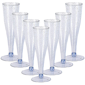 (Wholesale)  4.5 oz Blue Glitter Plastic Champagne Glasses