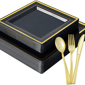(Wholesale) Square Black Gold Plastic Dinnerware Set
